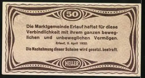 Notgeld Erlauf 1920, 50 Heller, Gebäude und Ornamentmuster, gültig bis 31. Dez. 1920