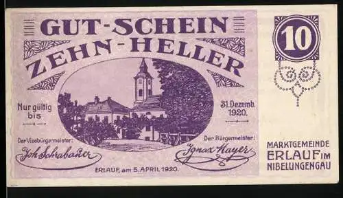 Notgeld Erlauf 1920, 10 Heller, Ortsansicht mit Kirche, violett, Gültigkeit bis 31. Dezember 1920