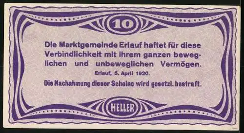 Notgeld Erlauf 1920, 10 Heller, Ortsansicht mit Kirche, violett, Gültigkeit bis 31. Dezember 1920