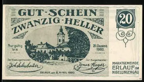 Notgeld Erlauf 1920, 20 Heller, Gebäude mit Turm und dekorative Ornamente