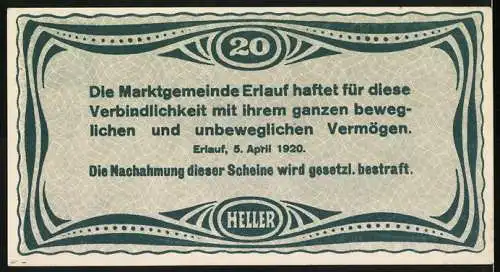 Notgeld Erlauf 1920, 20 Heller, Gebäude mit Turm und dekorative Ornamente