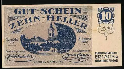 Notgeld Erlauf 1920, 10 Heller, Gebäude mit Turm und Text zur Haftung der Marktgemeinde