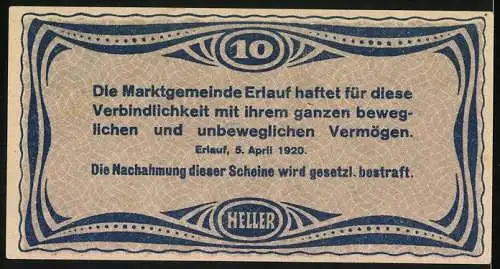 Notgeld Erlauf 1920, 10 Heller, Gebäude mit Turm und Text zur Haftung der Marktgemeinde