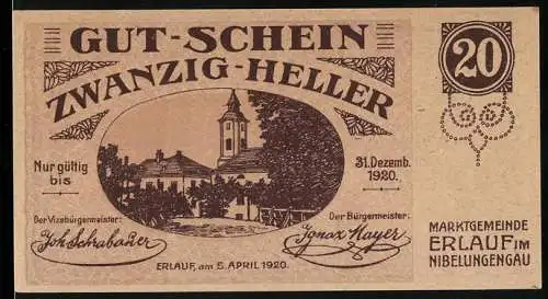 Notgeld Erlauf 1920, 20 Heller, Kirche und Landschaftsmotiv