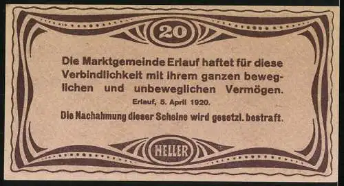 Notgeld Erlauf 1920, 20 Heller, Kirche und Landschaftsmotiv