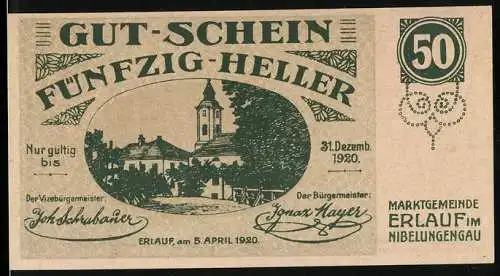 Notgeld Erlauf 1920, 50 Heller, Kirche und Landschaftsmotiv, gültig bis 31. Dezember 1920