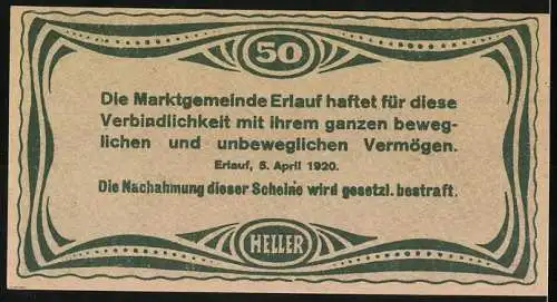 Notgeld Erlauf 1920, 50 Heller, Kirche und Landschaftsmotiv, gültig bis 31. Dezember 1920