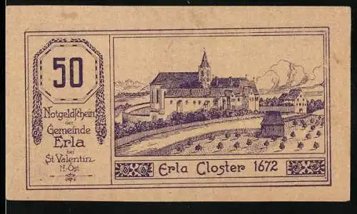 Notgeld Erla 1920, 50 Heller, Erla Kloster 1672 und Figur mit Schriftzug