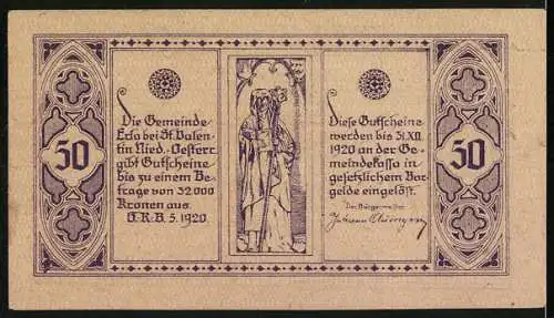 Notgeld Erla 1920, 50 Heller, Erla Kloster 1672 und Figur mit Schriftzug