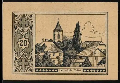 Notgeld Erla 1920, 20 Heller, Stadtansicht mit Kirche und Sensenmann-Motiv