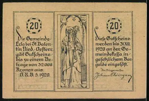 Notgeld Erla 1920, 20 Heller, Stadtansicht mit Kirche und Sensenmann-Motiv