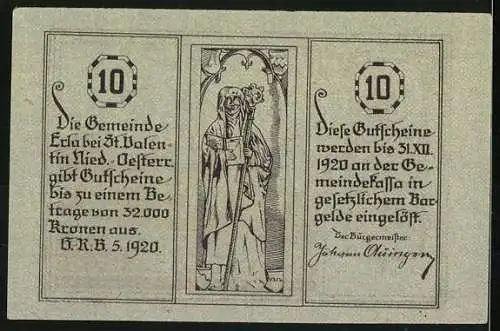 Notgeld Erla 1920, 10 Heller, Kirche und Heilige mit Bischofsstab