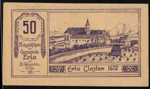 Notgeld Erla 1920, 50 Heller, Kloster Erla 1672, Heilige und Inschriften