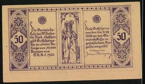 Notgeld Erla 1920, 50 Heller, Kloster Erla 1672, Heilige und Inschriften