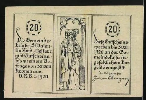 Notgeld Erla 1920, 20 Heller, Dorflandschaft und heiliger Bischofsmotiv