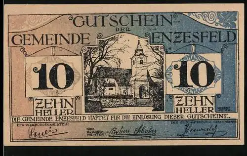 Notgeld Enzesfeld 1920, 10 Heller, Kirche und Gebäude im Winter, Gutschein der Gemeinde Enzesfeld