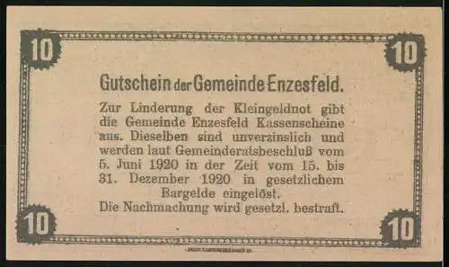 Notgeld Enzesfeld 1920, 10 Heller, Kirche und Gebäude im Winter, Gutschein der Gemeinde Enzesfeld