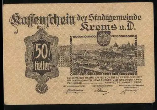 Notgeld Krems 1920, 50 Heller, Stadtansicht und Wappen, Textpassage von Grillparzer