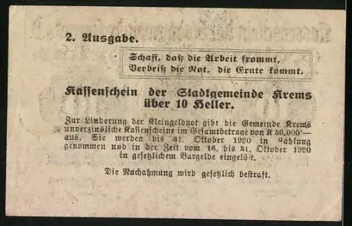 Notgeld Krems 1920, 10 Heller, Gebäude-Motiv mit Ornamenten und Inschrift