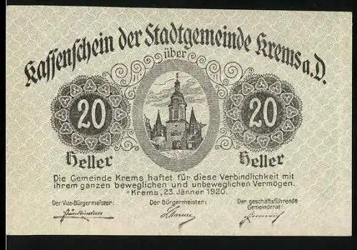 Notgeld Krems 1920, 20 Heller, Stadtsilhouette und Goethe-Zitat