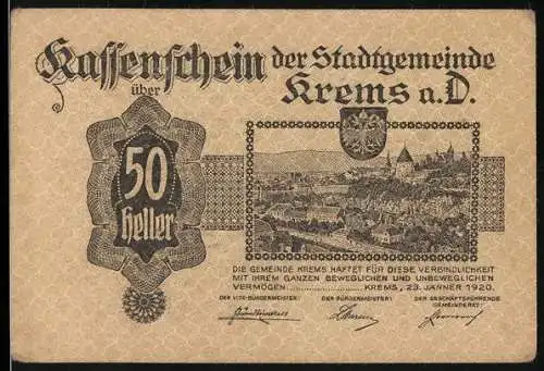 Notgeld Krems 1920, 50 Heller, Stadtansicht mit Wappen und Grillparzer-Zitat