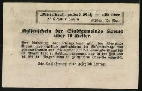 Notgeld Krems 1920, 10 Heller, Stadtansicht mit dekorativen Umrandungen