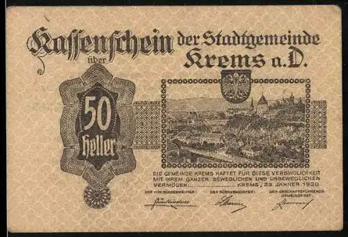 Notgeld Krems 1920, 50 Heller, Stadtansicht mit Wappen und Zitat von Grillparzer