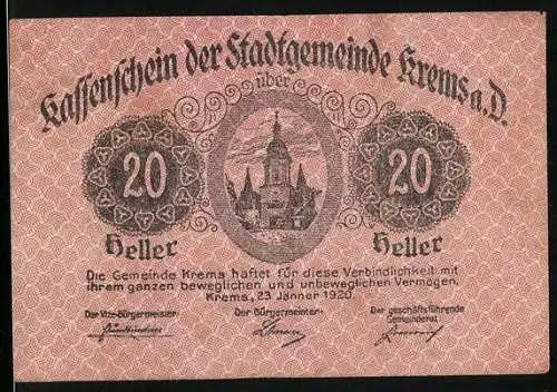 Notgeld Krems 1920, 20 Heller, Stadtturm mit Ornamenten und Inschriften