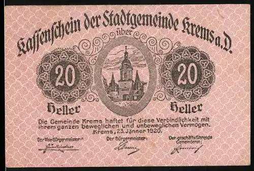 Notgeld Krems 1920, 20 Heller, Stadtansicht mit Kirchturm, Ausgabe zur Kleingeldknappheit