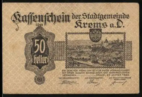 Notgeld Krems 1920, 50 Heller, Stadtansicht mit Wappen und Zitat von Grillparzer