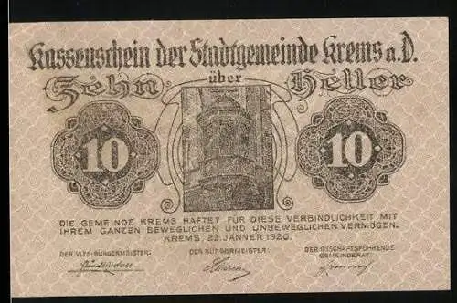 Notgeld Krems 1920, 10 Heller, Stadtansicht und Textfeld, zweite Ausgabe