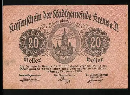 Notgeld Krems 1920, 20 Heller, Stadtansicht und Text über Verpflichtung und Ausgabe