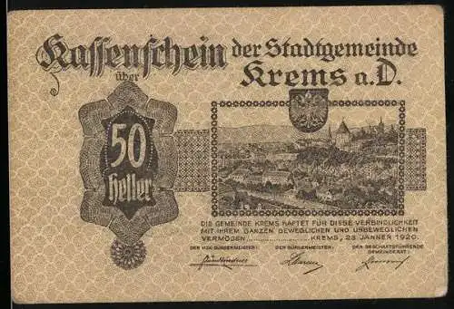 Notgeld Krems 1920, 50 Heller, Stadtansicht und Wappen, Zitat von Grillparzer