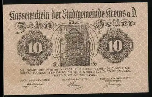 Notgeld Krems 1920, 10 Heller, Rathaus, zweite Ausgabe, Sicherung durch städtisches Vermögen