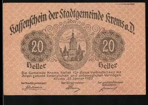 Notgeld Krems 1920, 20 Heller, Stadtansicht mit Türmen und Ornamenten