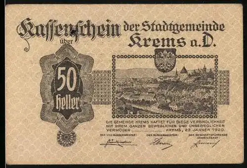 Notgeld Krems 1920, 50 Heller, Stadtansicht mit Wappen und Zitat aus Grillparzers König Ottokars Glück und Ende