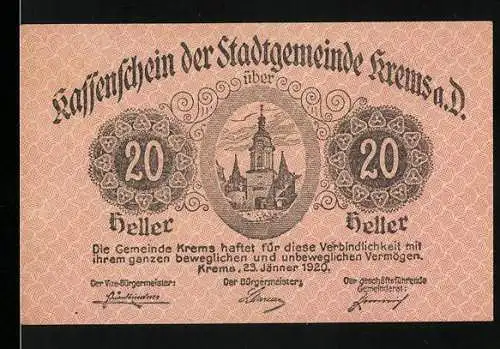 Notgeld Krems 1920, 20 Heller, Stadtansicht mit Kirche und verzierter Rahmen