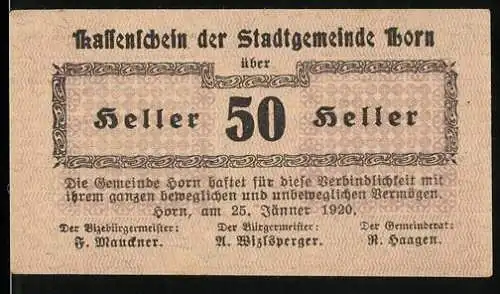 Notgeld Horn 1920, 50 Heller, Textgestaltung mit Rahmen und Gemeindehinweis