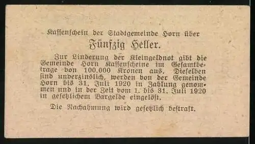 Notgeld Horn 1920, 50 Heller, Textgestaltung mit Rahmen und Gemeindehinweis