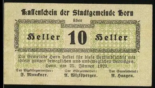 Notgeld Horn 1920, 10 Heller, Text und Verzierungen, Kassenanweisung der Stadtgemeinde Horn