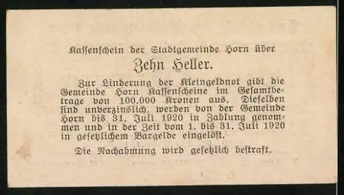 Notgeld Horn 1920, 10 Heller, Text und Verzierungen, Kassenanweisung der Stadtgemeinde Horn