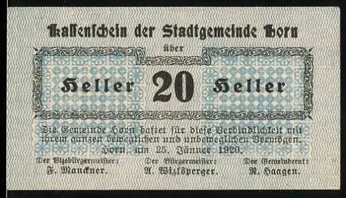 Notgeld Horn 1920, 20 Heller, Ziermuster und Text über Gemeinde-Verpflichtungen