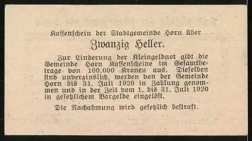 Notgeld Horn 1920, 20 Heller, Ziermuster und Text über Gemeinde-Verpflichtungen