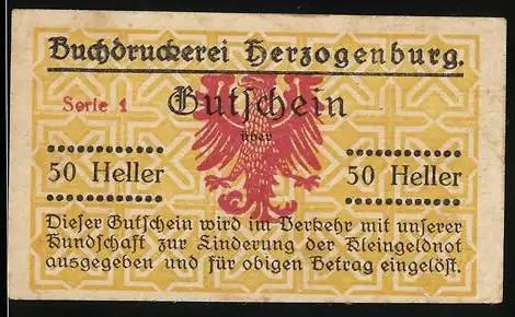 Notgeld Herzogenburg, 50 Heller, roter Adler, Buchdruckerei-Gutschein