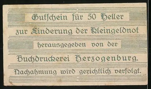 Notgeld Herzogenburg, 50 Heller, roter Adler, Buchdruckerei-Gutschein