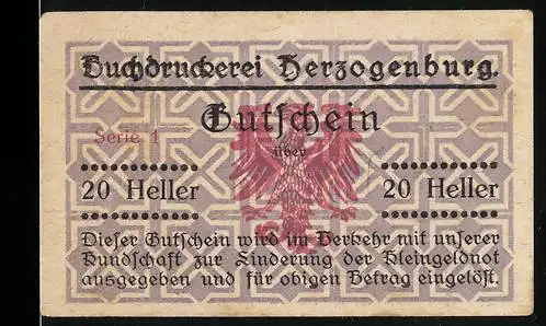 Notgeld Herzogenburg, 20 Heller, mit rotem Adleremblem und Schriftzug zur Kleingeldnotlinderung