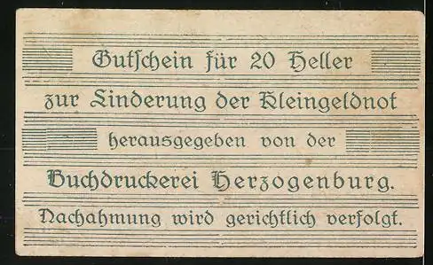 Notgeld Herzogenburg, 20 Heller, mit rotem Adleremblem und Schriftzug zur Kleingeldnotlinderung