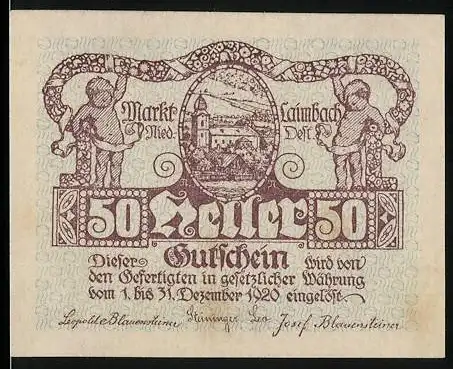 Notgeld Laimbach 1920, 50 Heller, Kirche und zwei Figuren mit Ornamenten