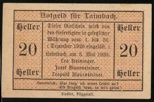 Notgeld Laimbach 1920, 20 Heller, Textmotiv mit Namen und Spruch Was fang ich armer Teufel an?