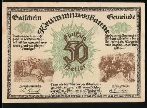 Notgeld Krummnussbaum 1920, 50 Heller, Reiter und Landschaft mit Baumansicht